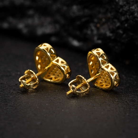 Womens Heart Large Yellow Gold 925 Sterling Silver Micro Pave Iced Stud Earrings - Picture 4 of 5